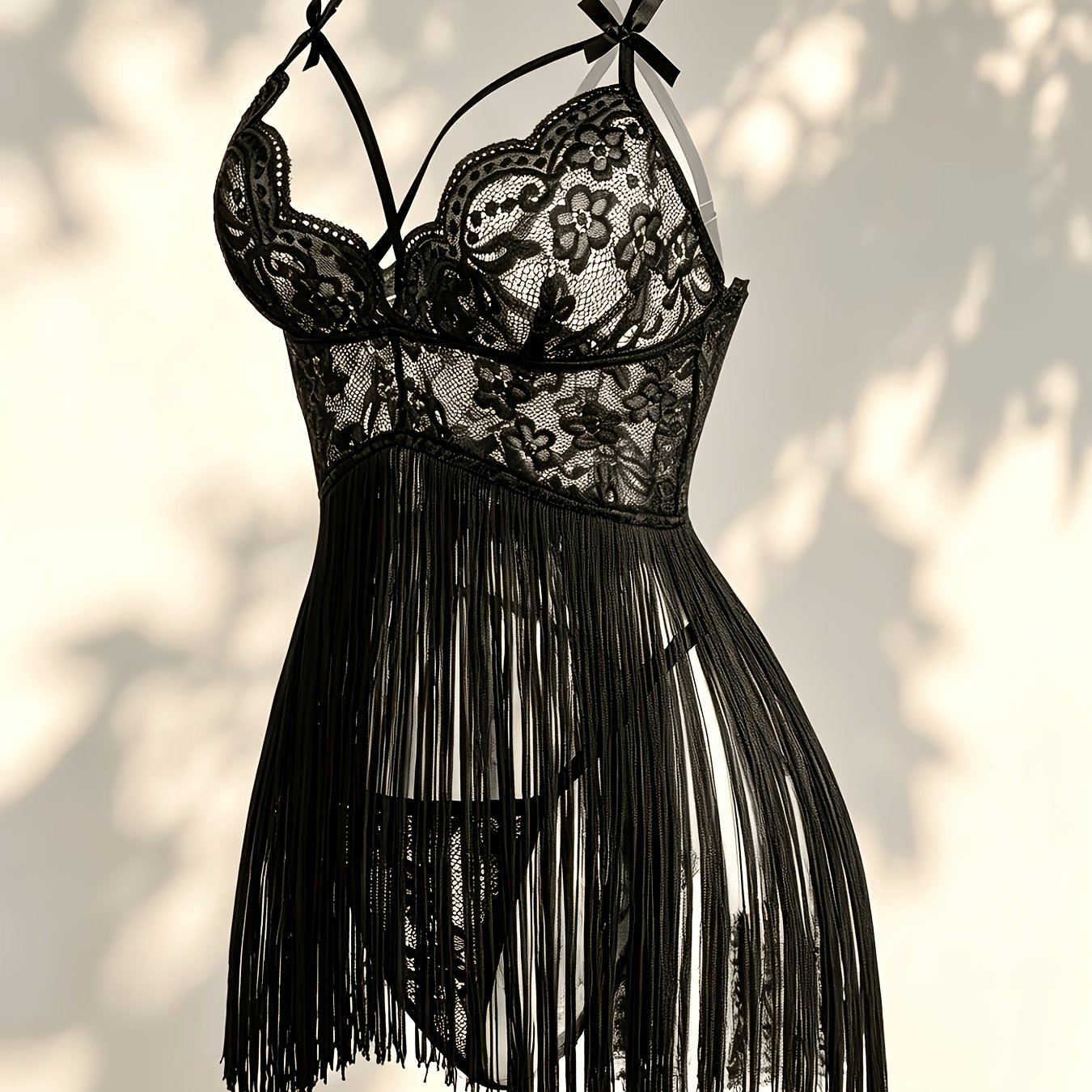 TEMU Hot Sexy Halter Neck Sheer Thin Lace Tassel Camisole Dress Low Cut V-neck Backless Tassel Nightgown Pure Desire Qqny Large Scale Couple Date Qq