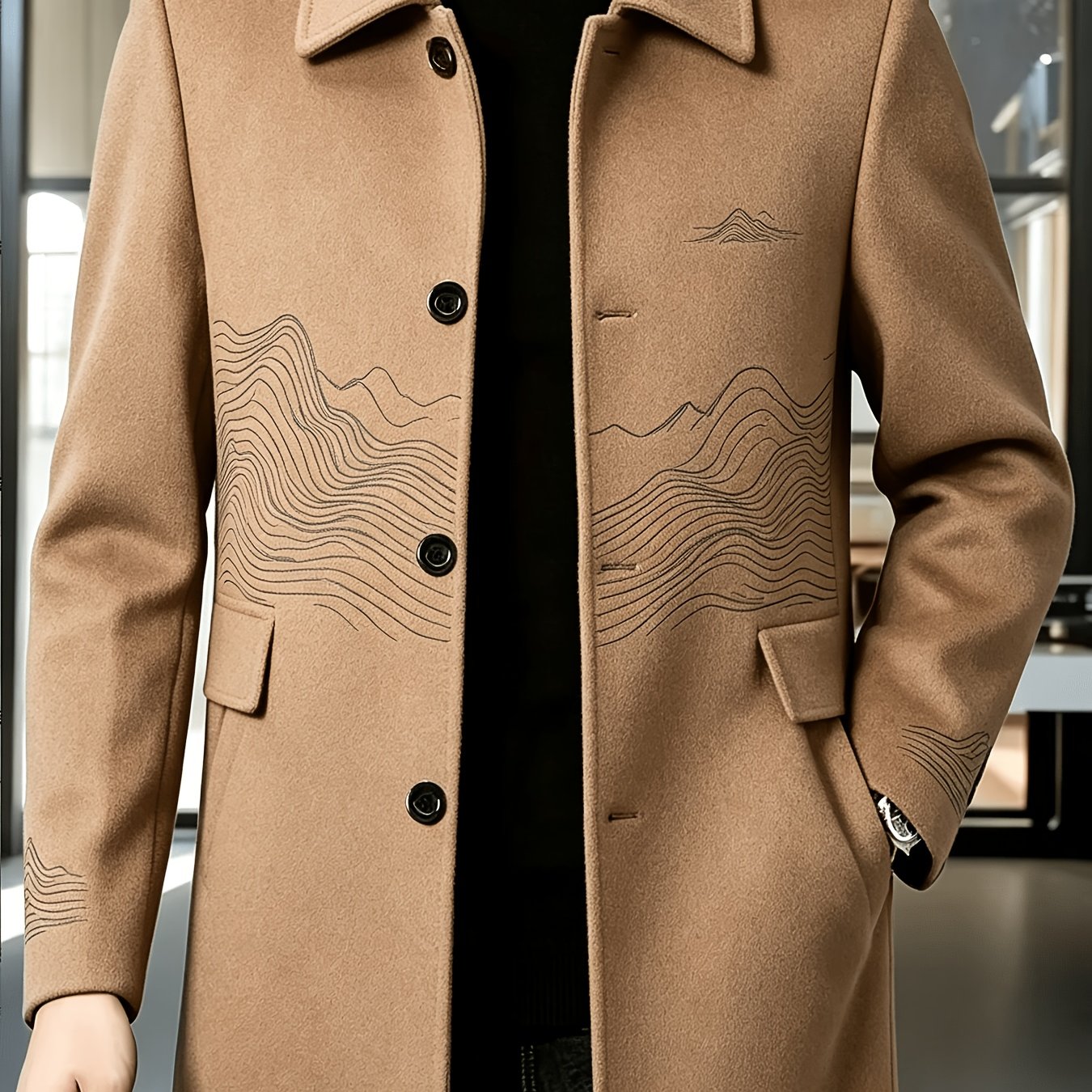 Image of Men's Embroidered Notch Lapel Single-breasted Mid-length