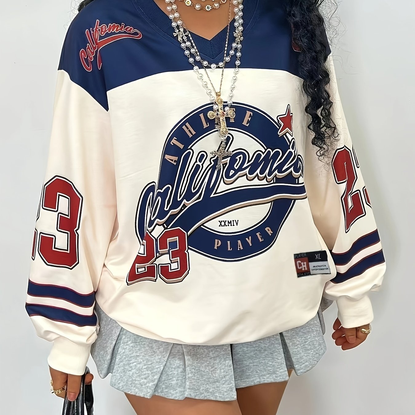 TEMU Plus Size, Autumn- Women's Plus Size V-neck Letter Print Long Sleeve Casual Sweatshirt