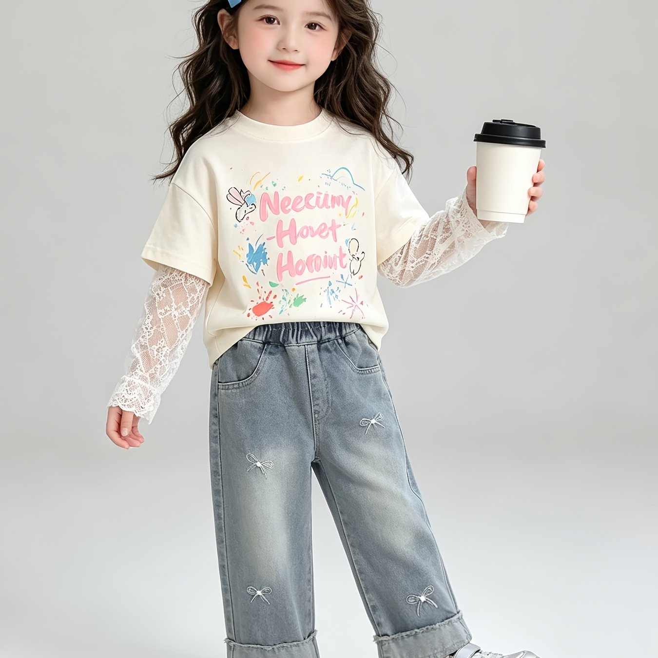 Image of Girls' Jeans With , Soft And -friendly Fabric, Comfortable And Versatile, Cute And , A Must-have For Fashionable Christmas Outfits