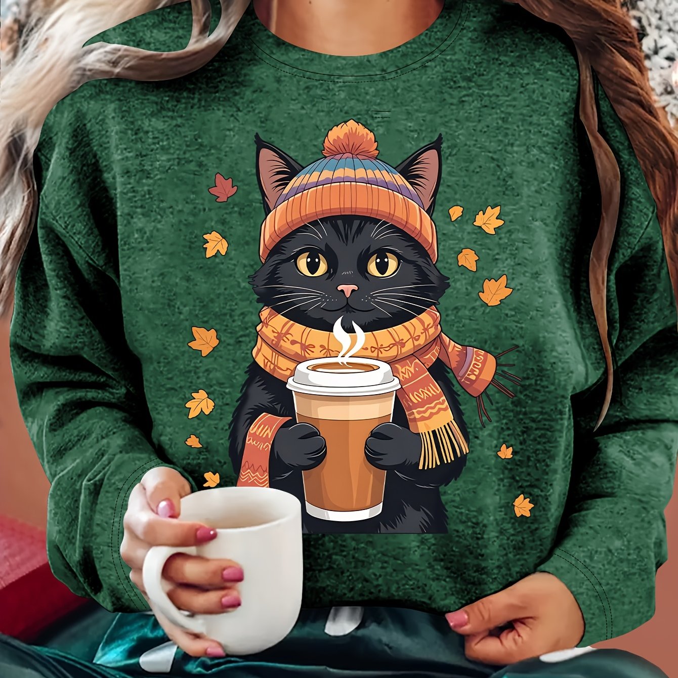 TEMU Women's Winter Clothing Autumn And Winter Atmosphere Black Cat Holding A Cup Of Hot Drink With Scattered Print Round Neck Long Sleeve T-shirt