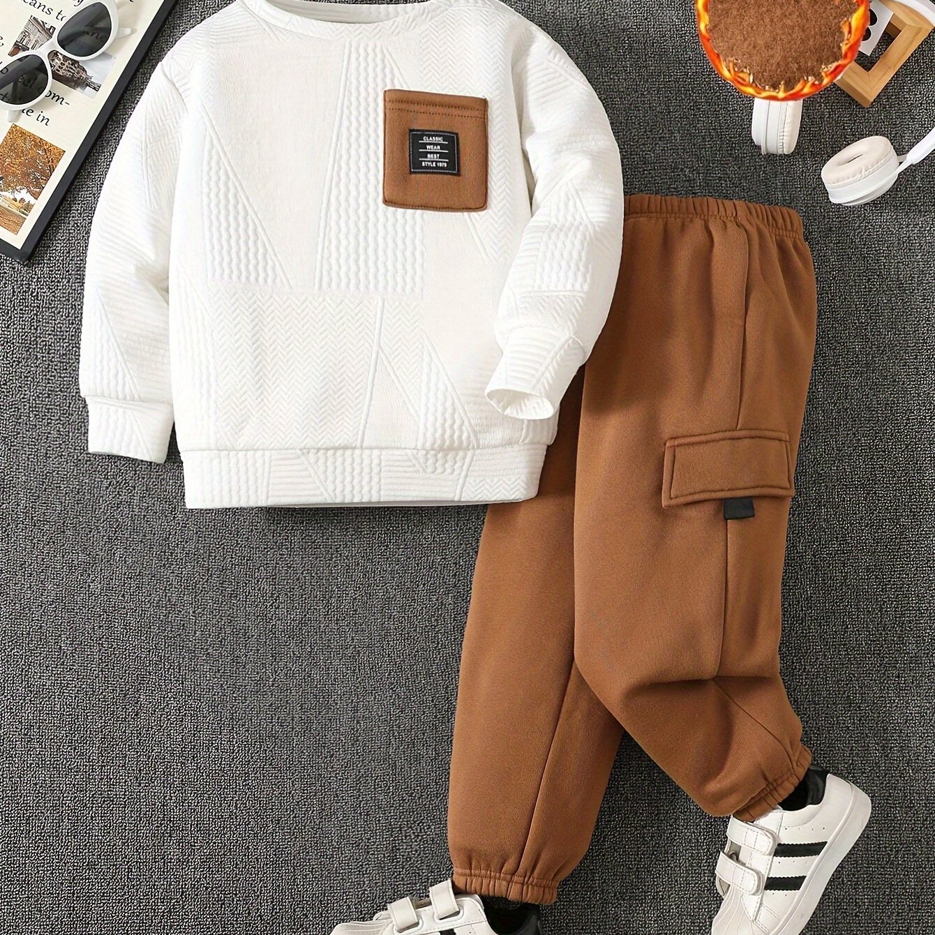 Image of Boys' Casual 2pcs Set, Jacquard Sweatshirt And Fleece Pants, Long Sleeve Geometric Pattern Knit Sweater With Elastic Waistband, Fit For Autumn/winter, Perfect For Outdoor