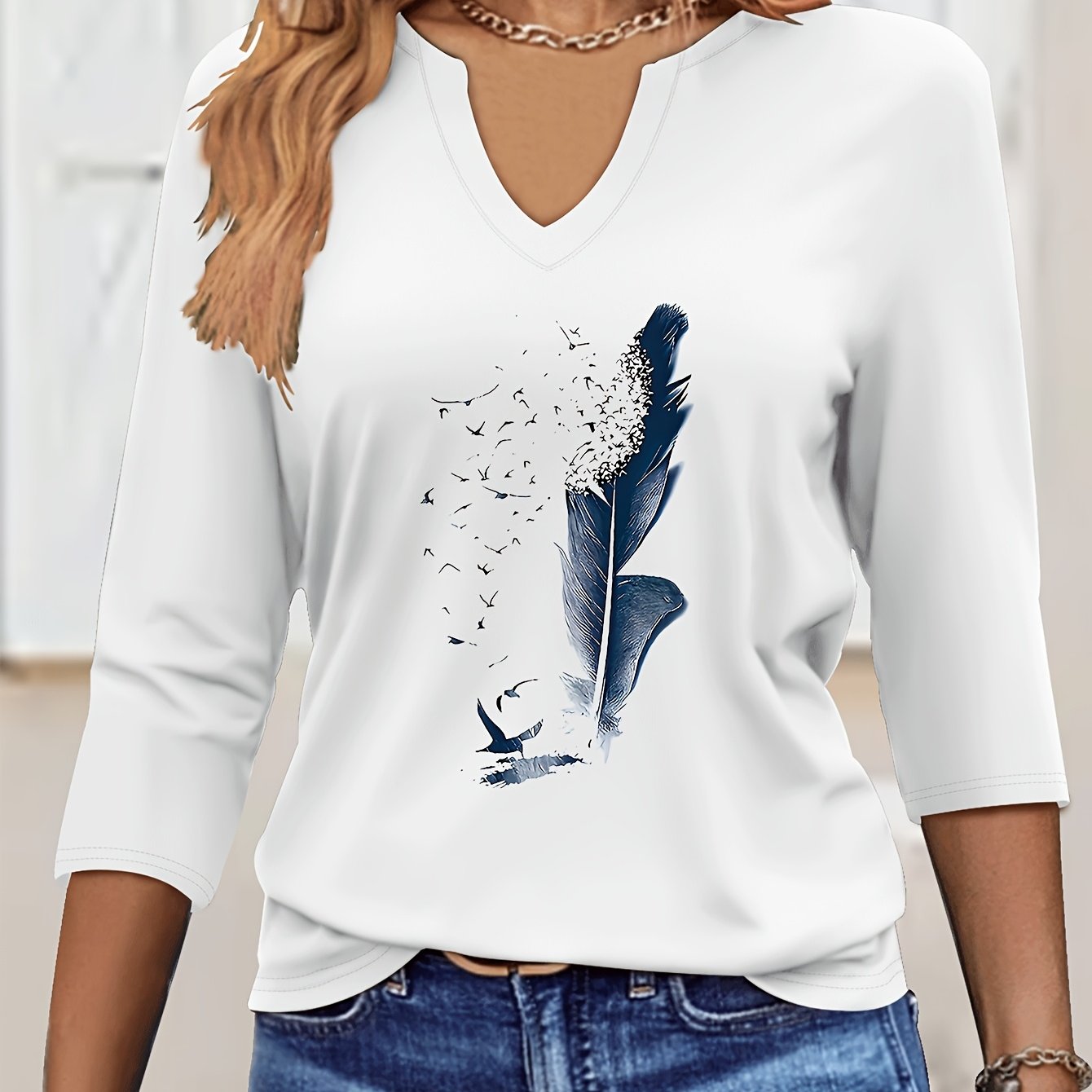 TEMU T-shirt à imprimé , T-shirt à col en V et manches -, Haut élégant de couleur unie pour et l'été, Vêtement pour femme