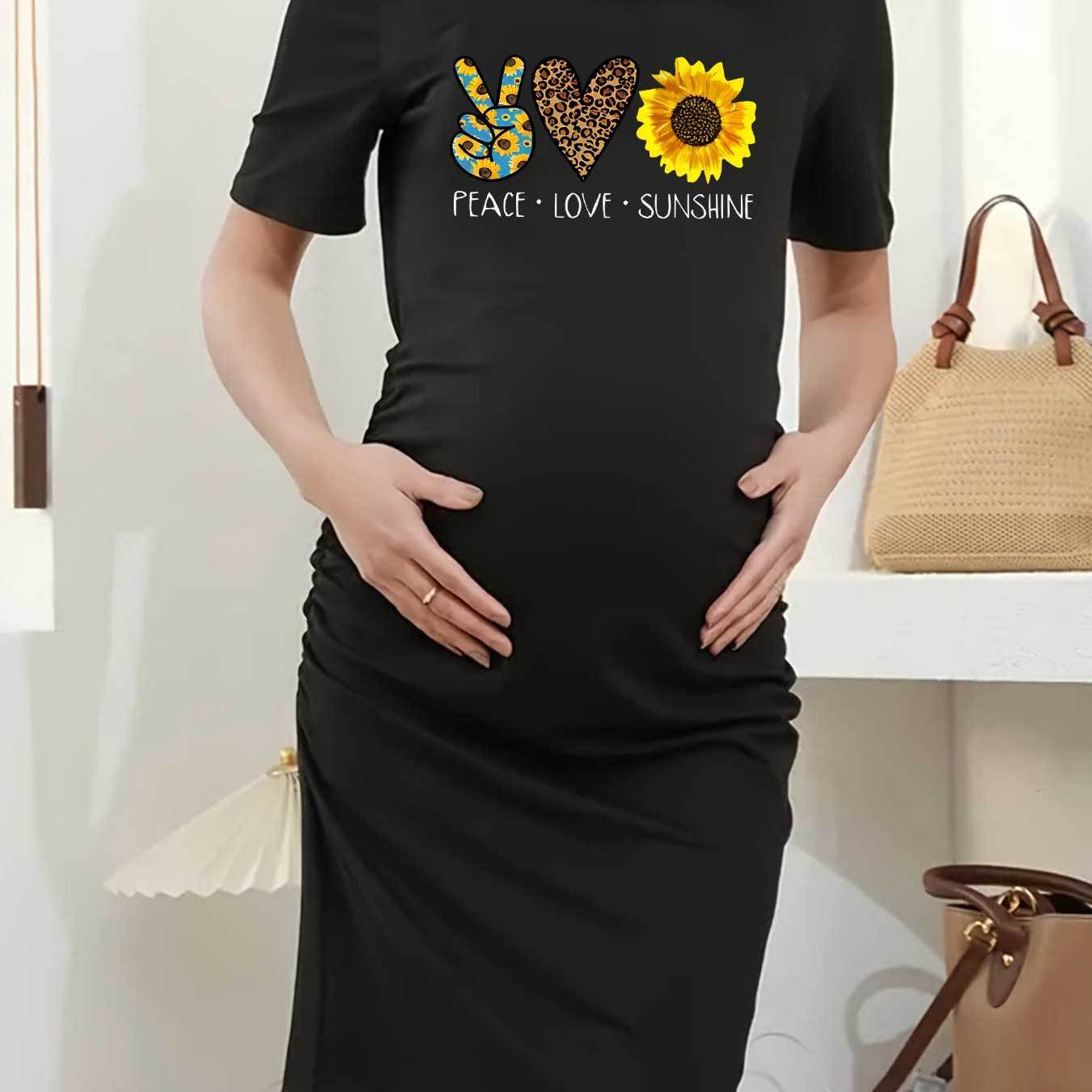 TEMU Chic Maternity Dress With Faith & Sunflower Print - Stretchy, Short Sleeve, Round Neck, Bodycon Fit - Summer