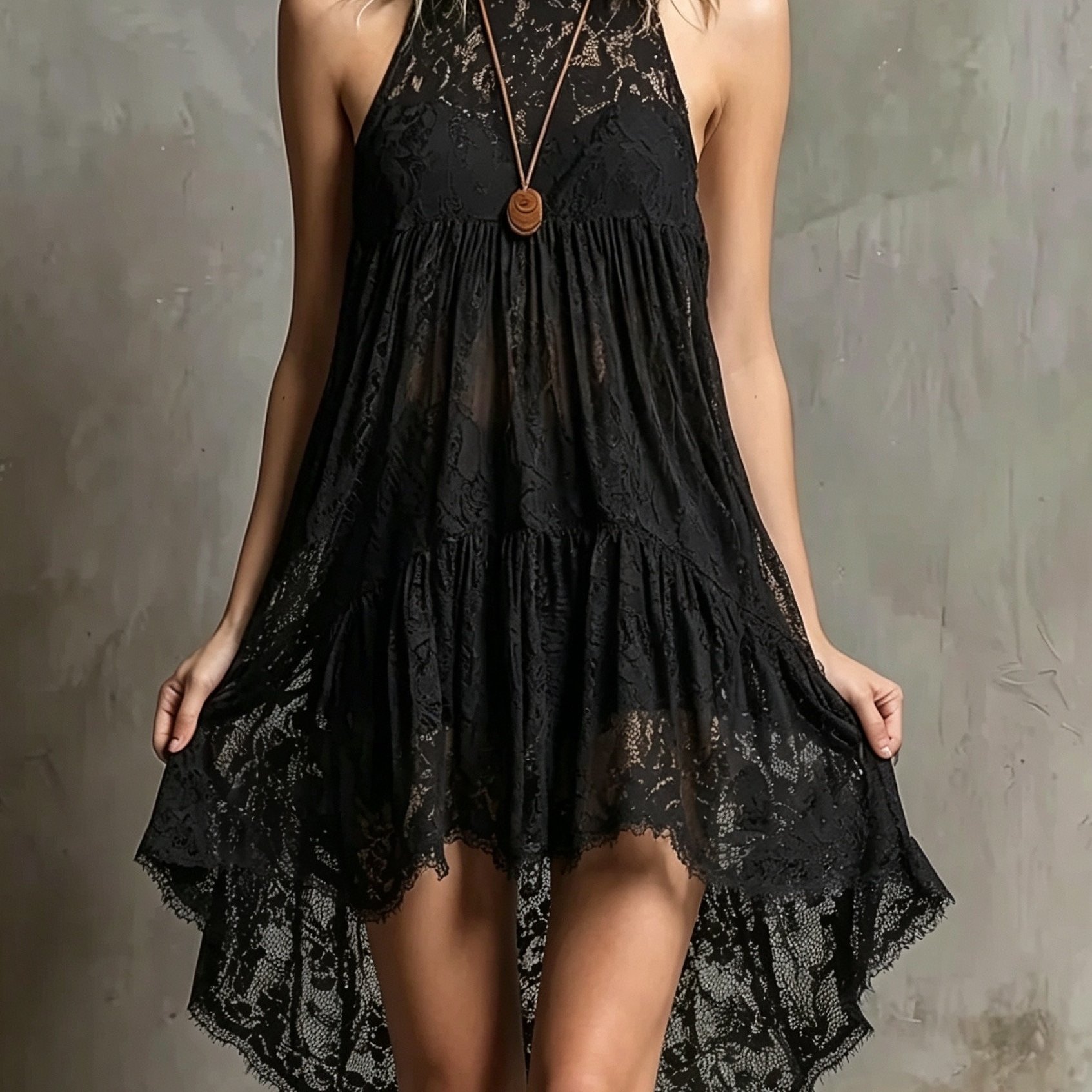 TEMU Robe courte mini manches en dentelle noire de style bohème vacances, Édition spéciale