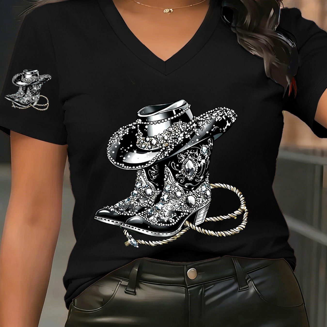 TEMU 1pc V-neck T-shirt Western Cowboy Style Printed Decorative Details Fashionable Versatile Style Summer New Y2k Style Women's Casual Athletic Wear