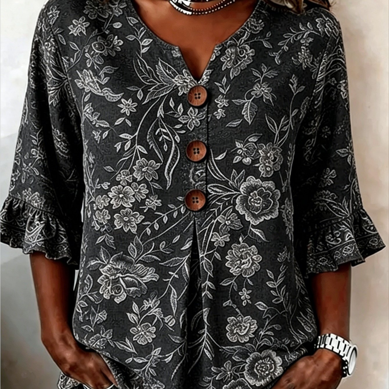 Plus Size - Plus Size - Plus Size Women's V-neck Button Style Autumn Fabric Rust Flower Printed Bohemian Top, Suitable For Casual Travel And Daily Wear, Is The Gift For Mothers And Sisters