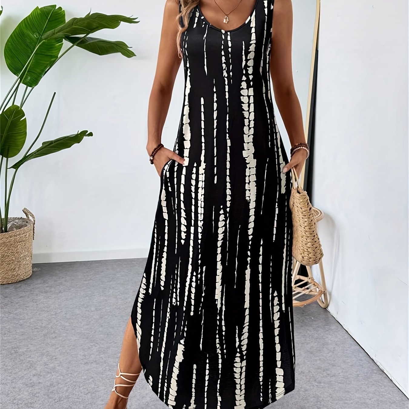 E-shop Damen Langarm-Tankkleid mit Rundhalsausschnitt, asymmetrischem Saum, Seitenschlitzen, ärmellosem Design, geometrischem Print, gerafftem Bund,