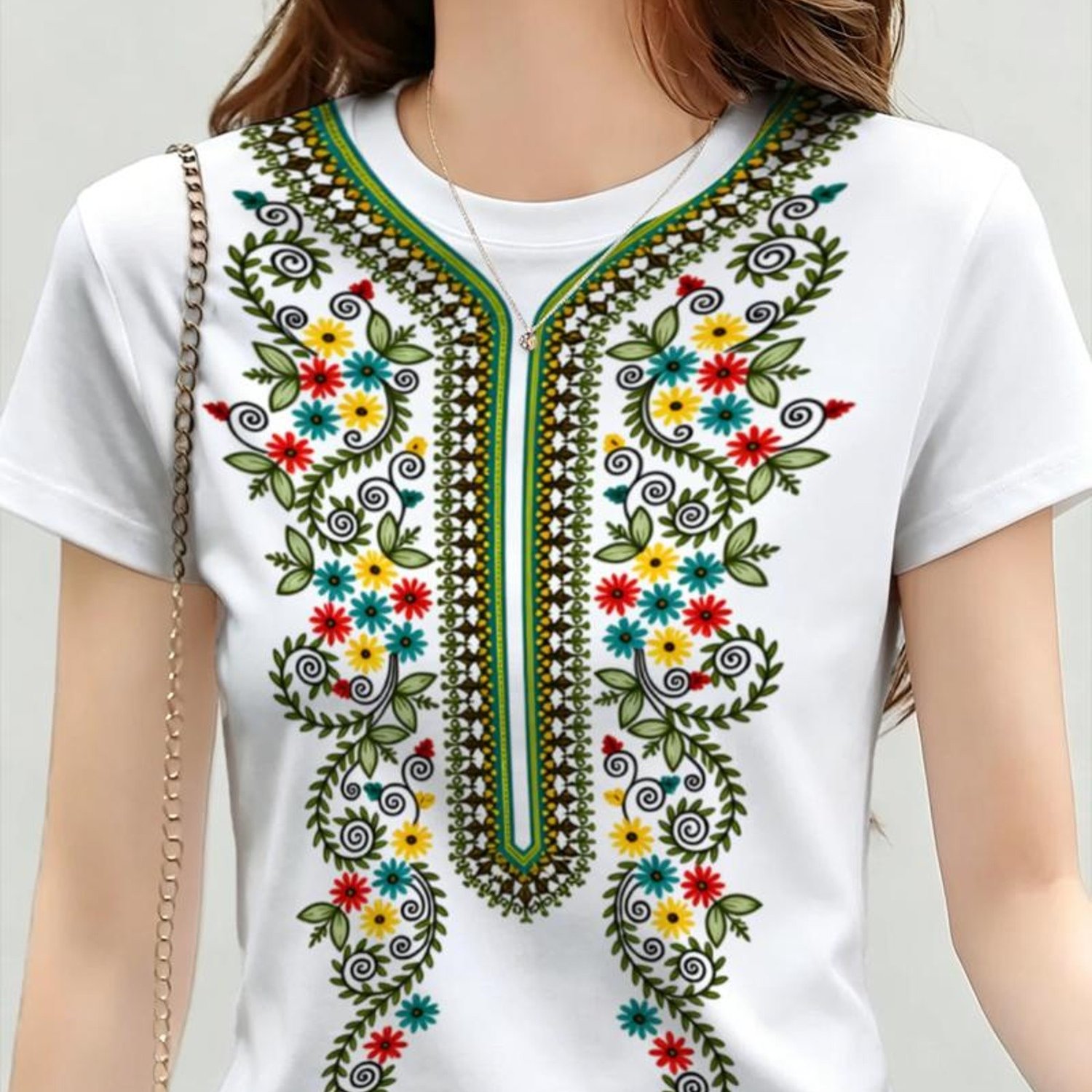 TEMU [printed Design-not Textured] Women's Bohemian Style Colorful Floral Print T-shirt, Ethnic Round Neck Short Sleeve Top