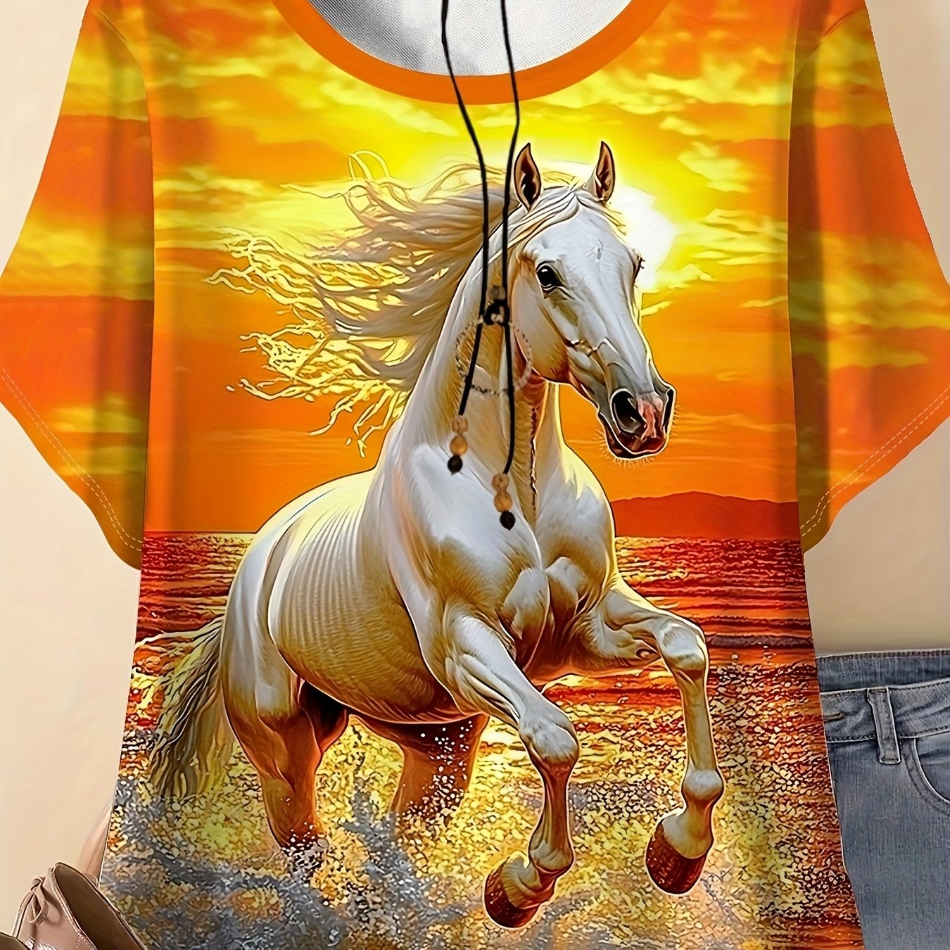 TEMU Plus Size - Plus Size - Ladies' Horse Print Short-sleeve T-shirt Under The Sunset - An Elegant And Casual Round-neck Top, Featuring Vibrant