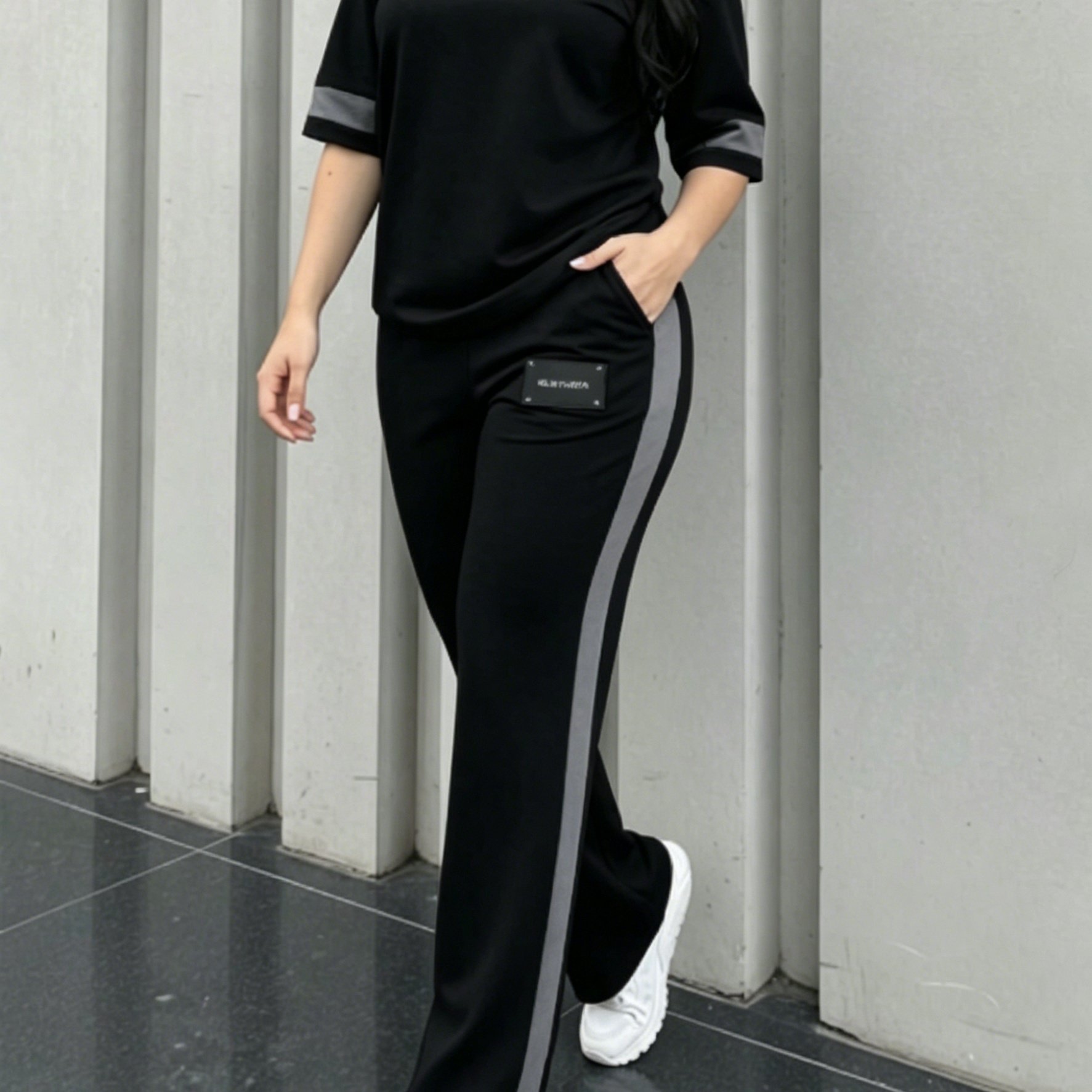 TEMU Conjunto de dos piezas para mujer, elegante y casual, camiseta cómoda de cuello y manga corta con patchwork en color block y pantalón largo y