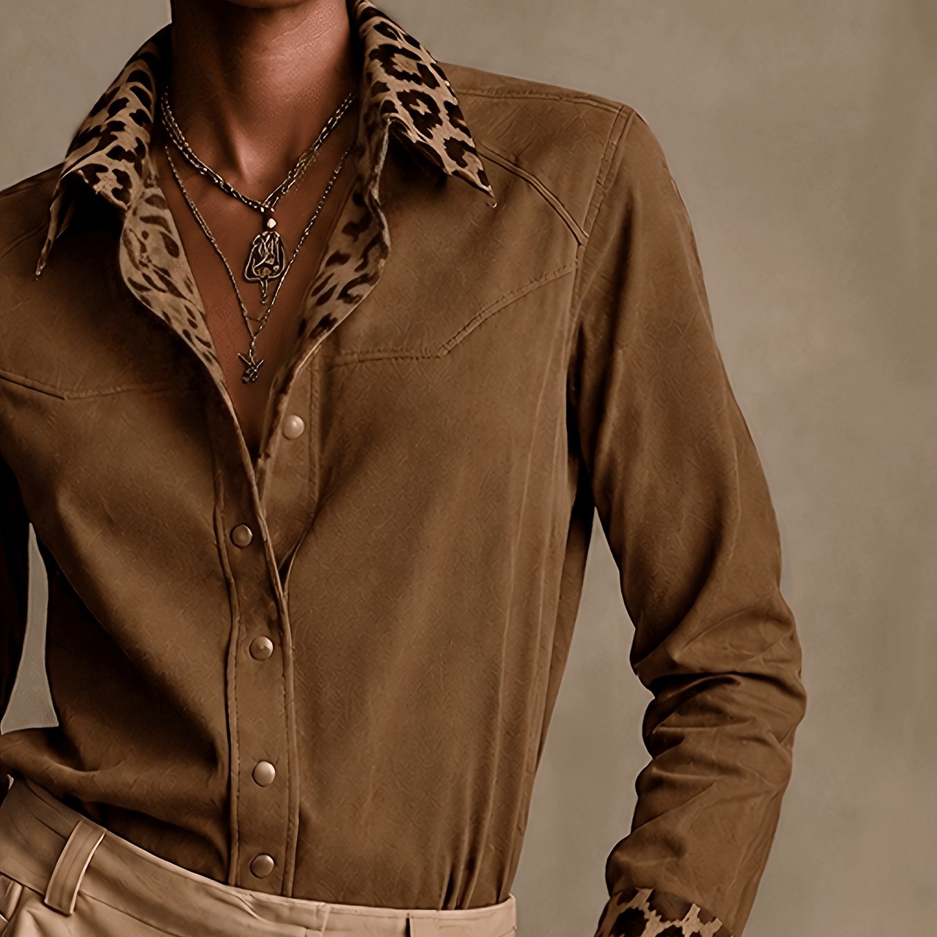 TEMU Women's Western Shirt, Long Sleeve Leopard Print Trim Suede Button- Blouse Asd1 Directional