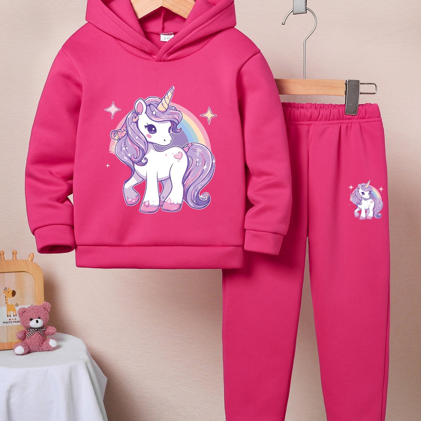 Girls' Unicorn Pattern Long-Sleeve Hoodie and Pants Set