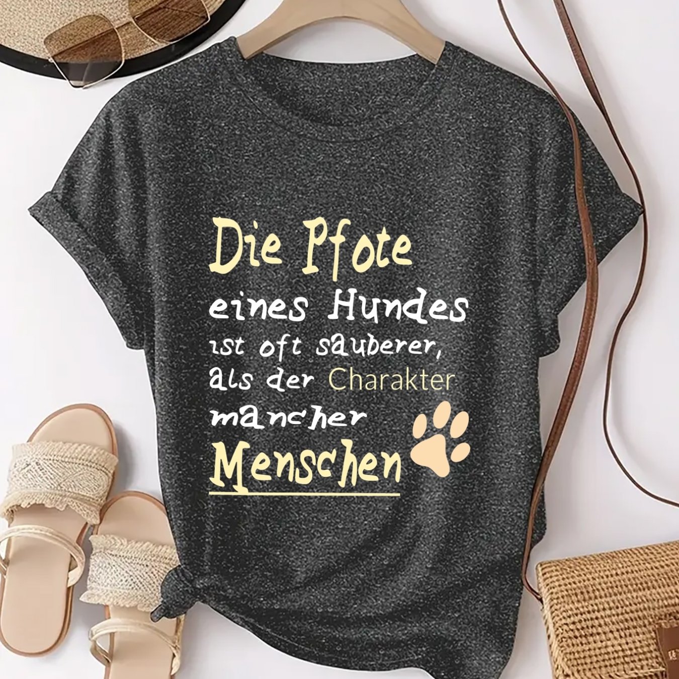 E-shop Hunde Pfotenabdruck und deutscher Slogan, lustig und . Individueller Musterdruck, lässiges, tägliches Rundhals-T-Shirt mit kurzen Ärmeln,