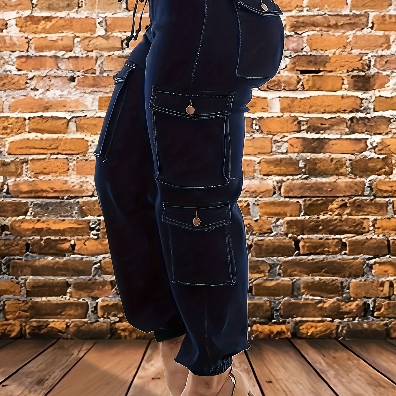 TEMU Women's Dark Blue High Waisted Elastic Waistband Drawstring Tie With Multiple Pockets, Ankle Cuffs, Workwear Jeans, Suitable For Outdoor Play,
