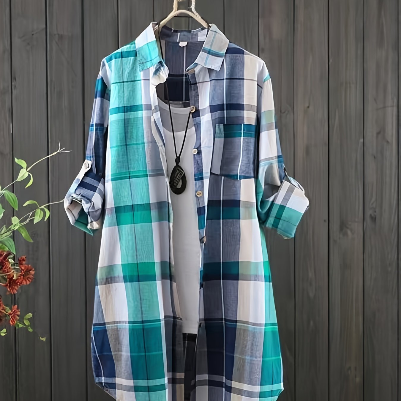 E-shop Neues Damen Hemd mit Karomuster, lässige koreanische Mode, Revers, lange Ärmel, Bluse mit Einzelleiste