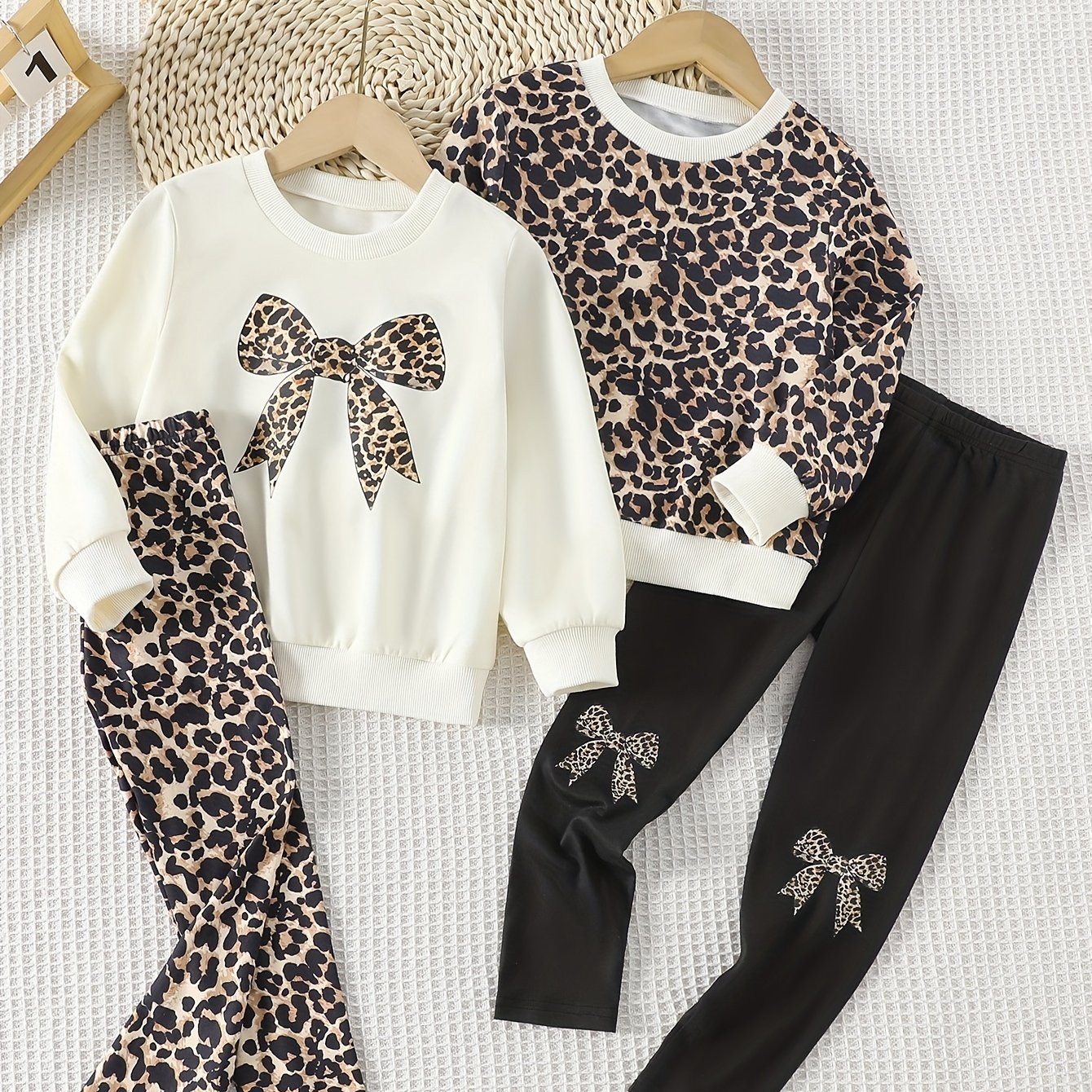 Image of ' 4pcs Solid Round Neck Leopard Print Bowknot Pattern Regular Long Sleeve Top And Skinny Leopard Random Print Pants Full Length Pants To Ankle Casual Pants Set For Autumn, For Outdoor