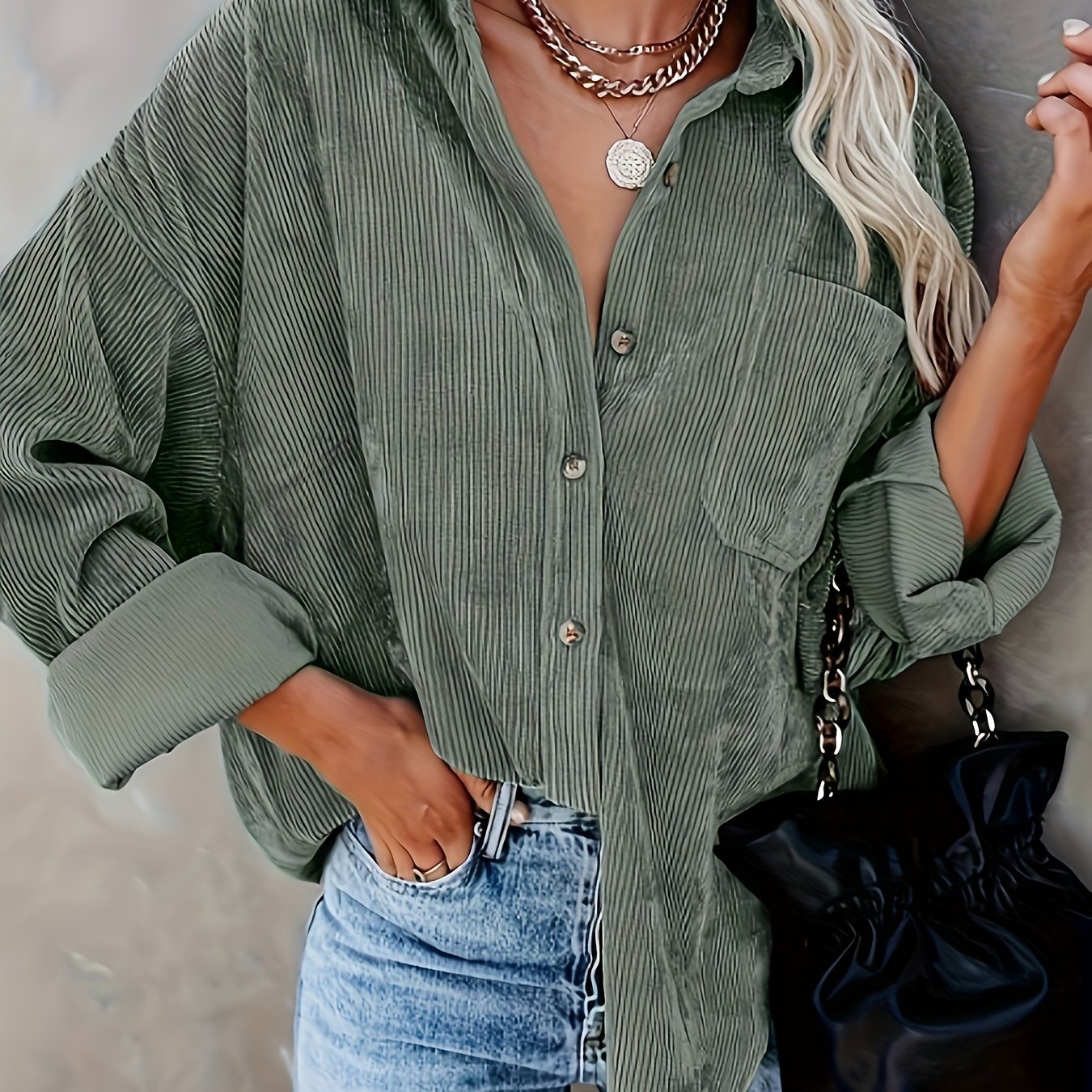 Dj0715007 - Women's Vintage Corduroy Pocket Shirt With Long Sleeves For Spring/autumn