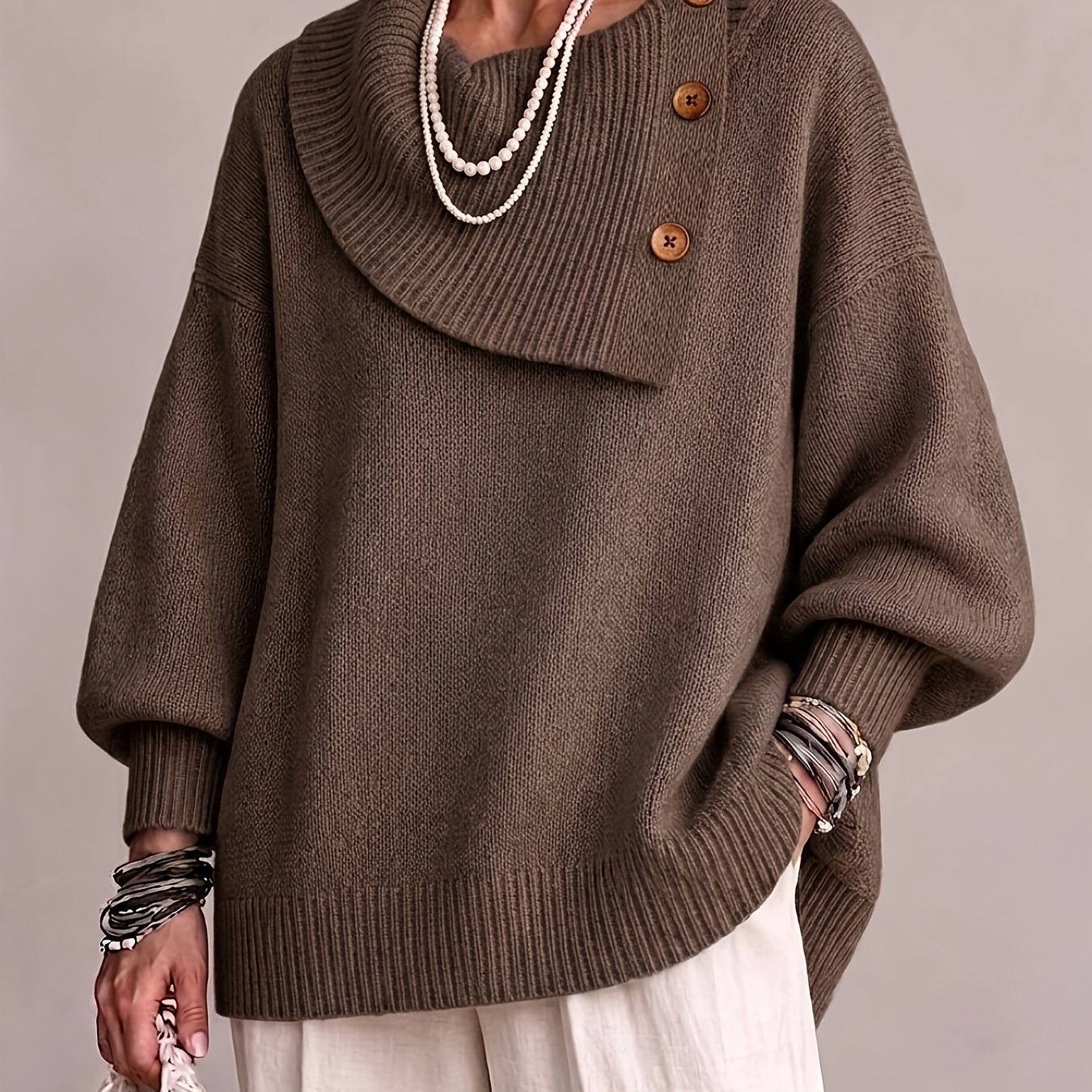 TEMU Pull Femme Grande Taille Épaules Dénudées Manches Lanternes Automne Hiver Asymétrique Boutonné, Pull Épais, Vêtements Femme Décontractés pour
