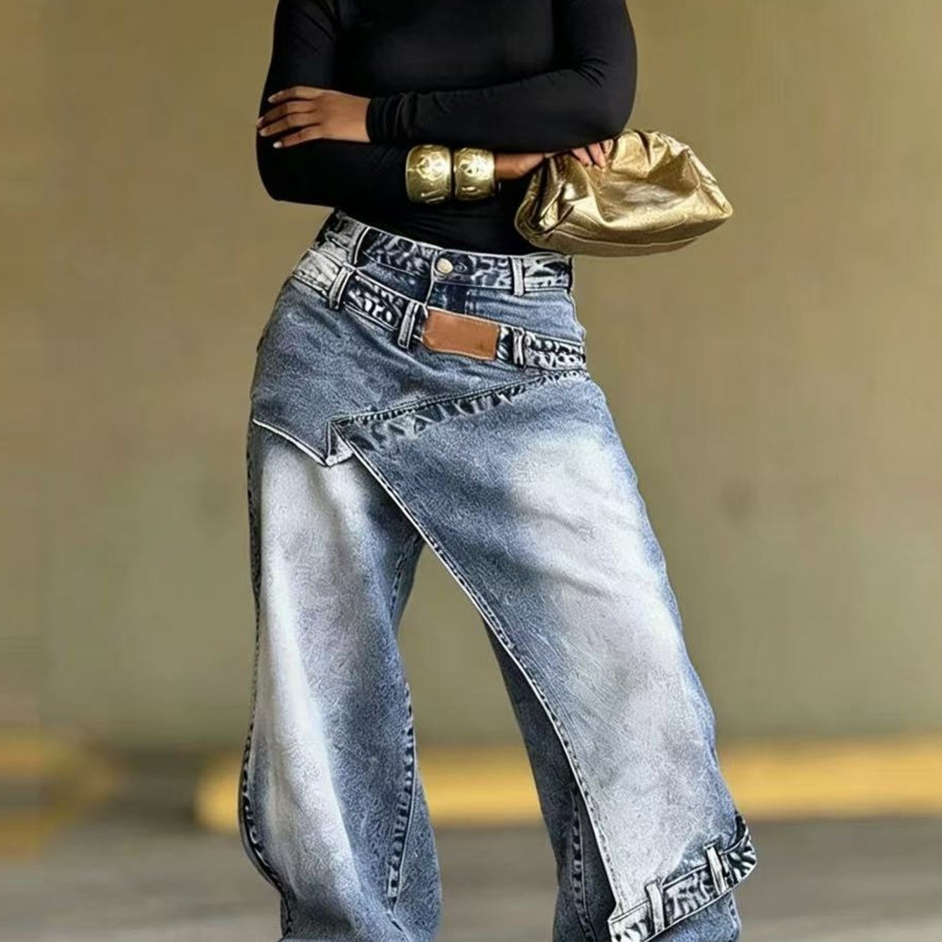 Image of Women's Washed Denim Wide Leg Pants With Layered Wrap Design, Casual Loose Fit Jeans For Streetwear And Everyday Wear
