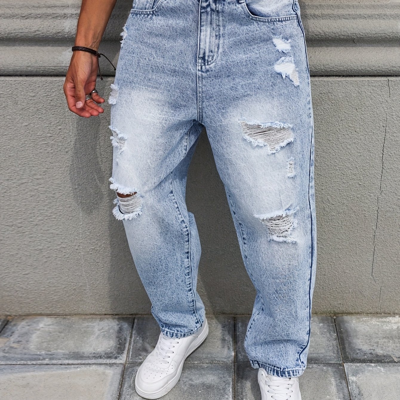 Image of 1pc Of American-style Distressed Washed Harem Pants, Casual, Fashionable, Versatile, And Loose-fitting Long Pants. Belt/accessories Not Included