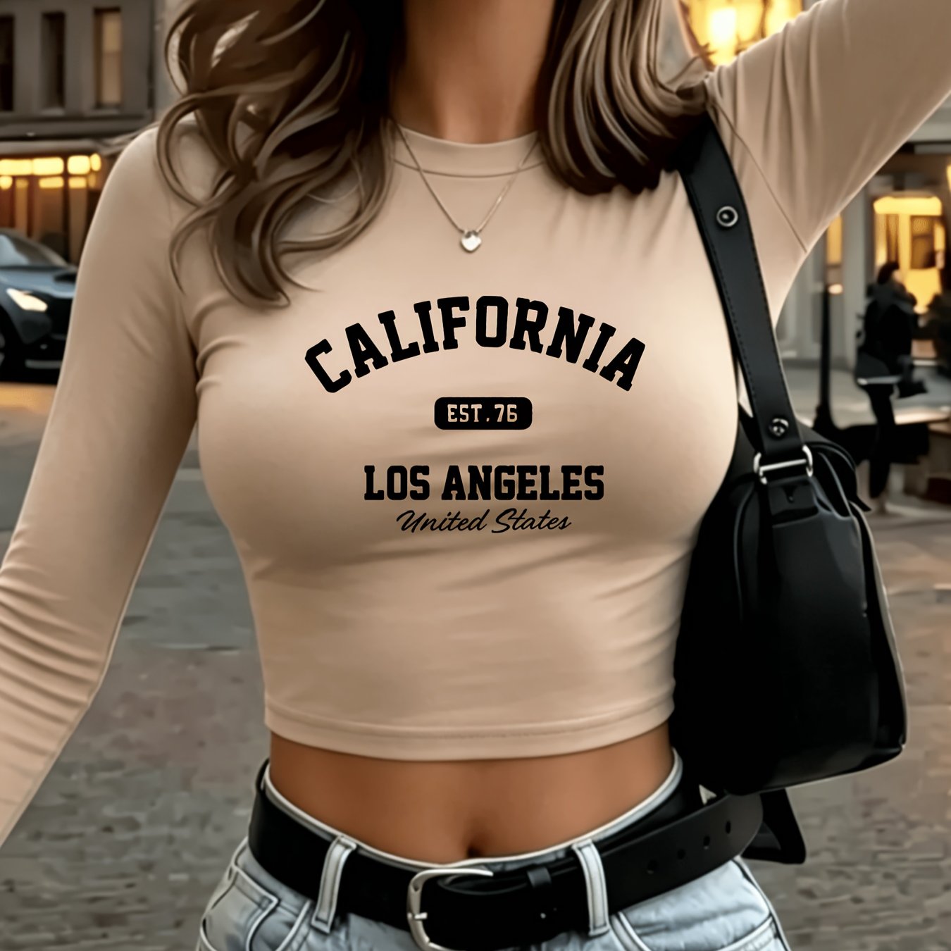 TEMU Minimalist Letter "california 76 Los Angeles" California Graphic Print Y2k Spicy Slim-fit Long-sleeve T-shirt, Classic Versatile Style,