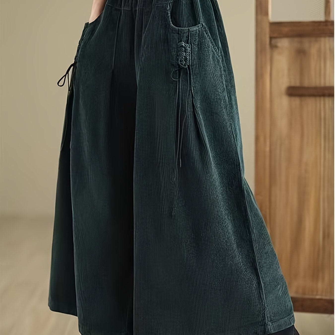 TEMU Pantalon en velours à jambe large avec taille élastique (adapté à toutes les morphologies) - Pantalon décontracté uni, lavable en machine, idéal