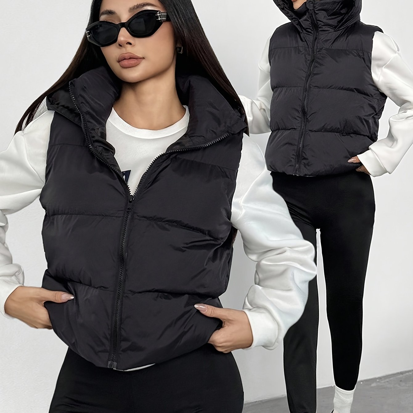TEMU Teenage ' Spring And Autumn Hooded Vest Winter Sleeveless Jacket Solid Color Coat 1pc, For Teenager, For Teenager