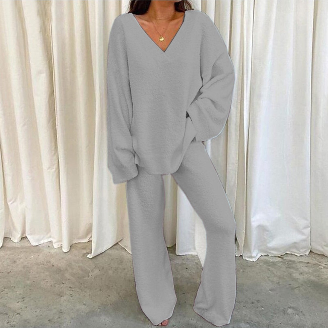 Ladies' Relaxation Outfit, Two-part Ensemble, V-neck Design, Single Hue, Cozy, Warm, Everyday, Attire