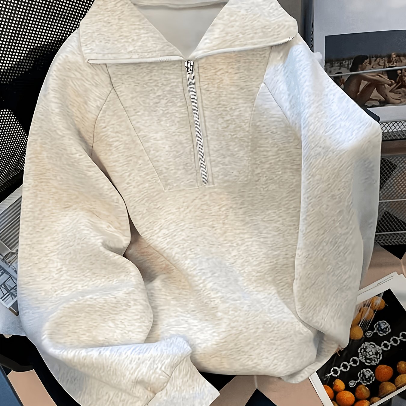TEMU Vêtement de détente pour femme, couleur unie automne/hiver, style sweat-shirt à col polo et demi-zippeur, haut décontracté à manches raglan