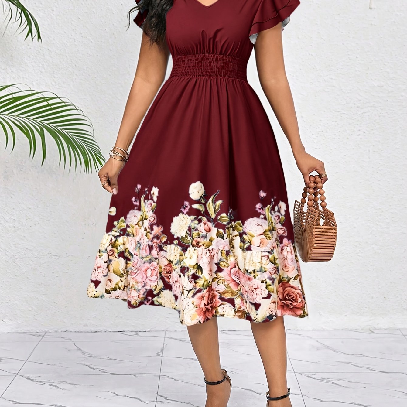 TEMU Women's Collared Pleated Sleeve Cinched Waist Midi Casual Dress, Summer Party Dress, Christmas Women's Apparel, Outing Set, Formal Dress