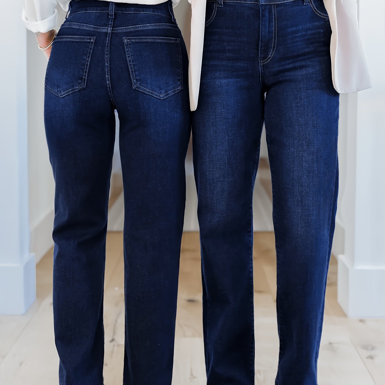 Image of Women's Plus Size High-waist Jeans, Stretchy Denim , Washed Blue Denim Trousers, Fashion Casual, Suitable For Casual , Daily Wear And Festive Dates