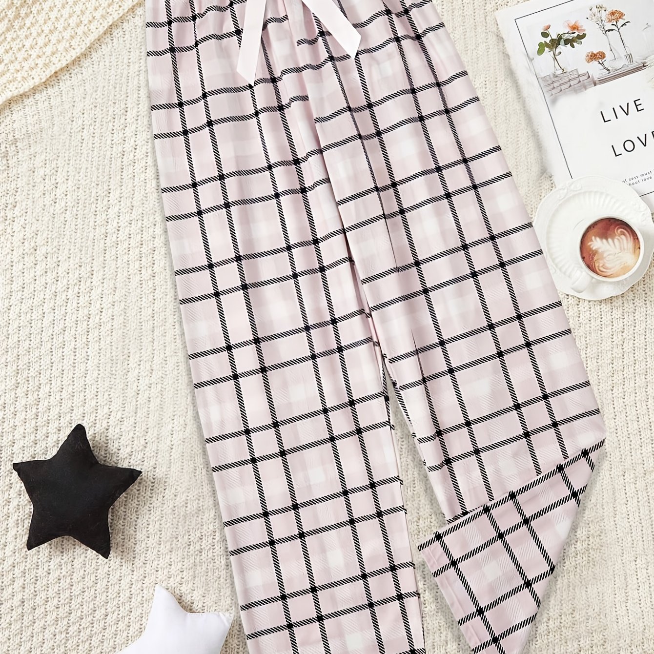 TEMU Women' Pants Pink Checkered Single Pants Bow Casual Trousers