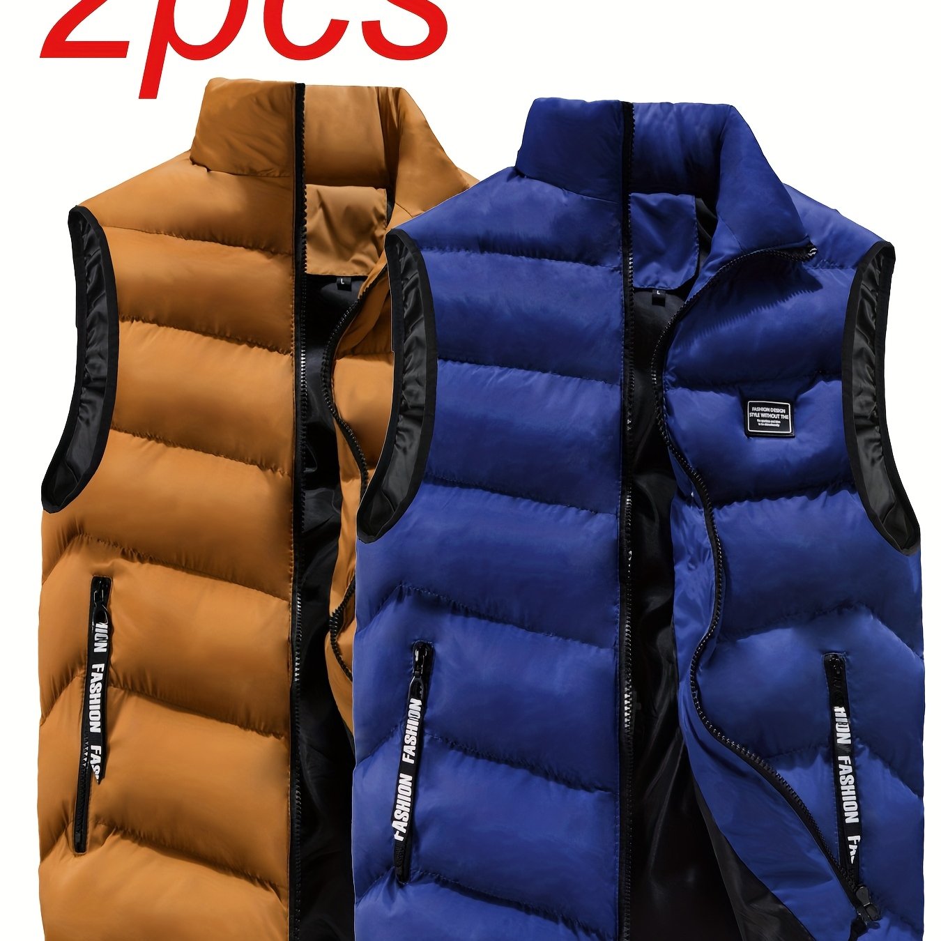 TEMU 2pcs Men'-proof Vests - Collar Zipper Sleeveless Jacket With Chest Pocket, Mustard Yellow And Black, Machine Washable - Padded Winter Outerwear