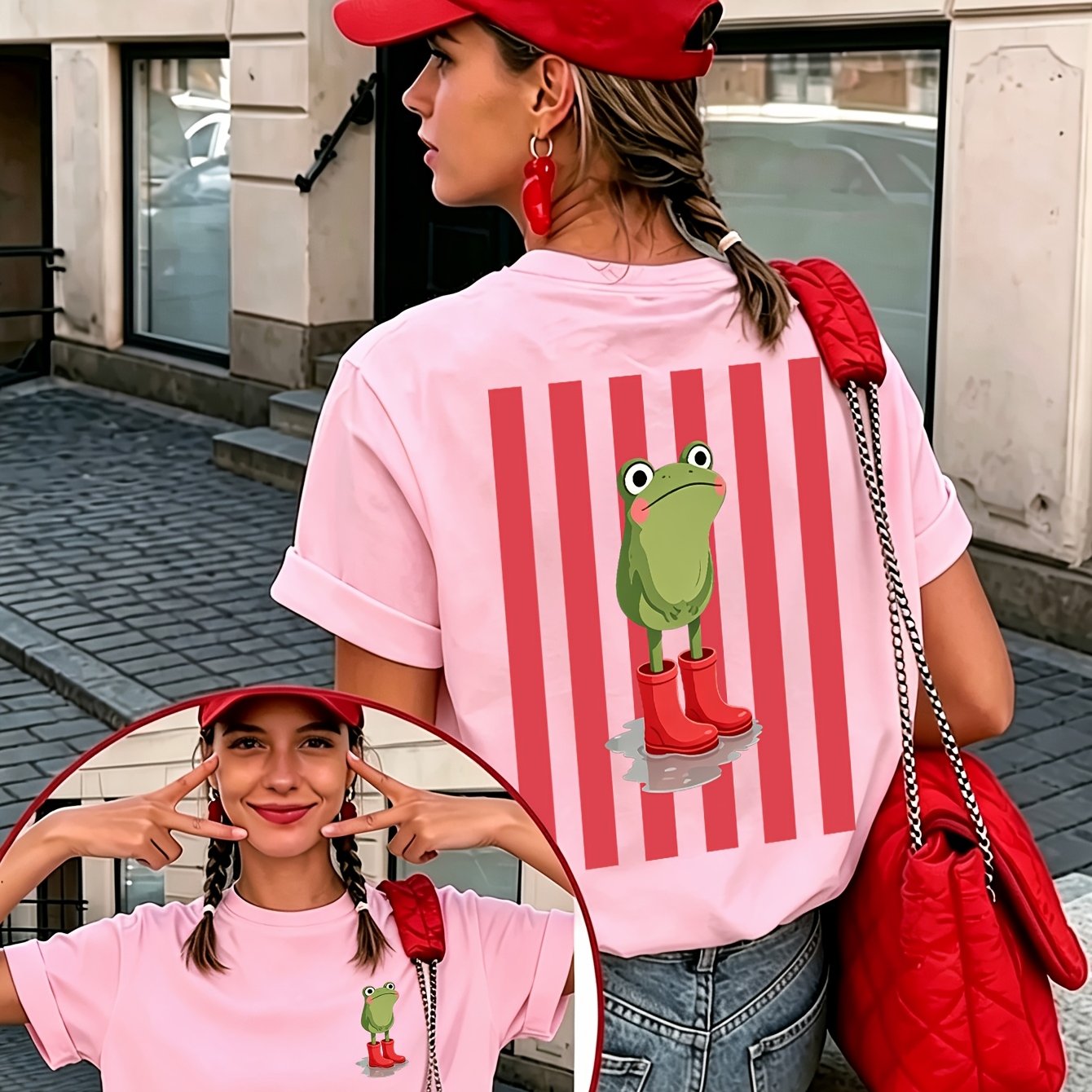 TEMU Women's Frog In Rain Boots T-shirt - Striped Frog Print Short-sleeve Top, Regular Neck -compatible Suitable For , Machine Washable Casual Daily