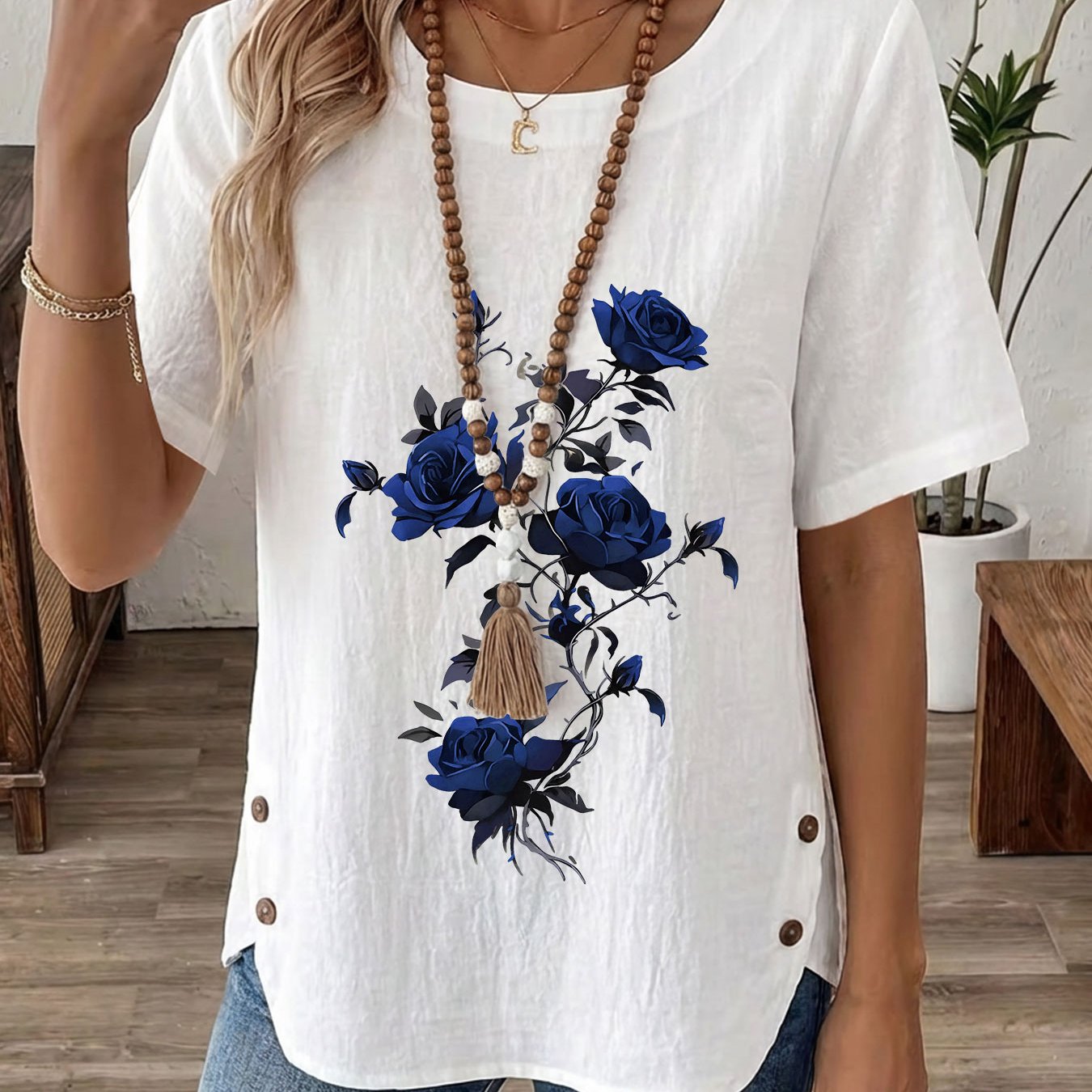 TEMU Spring Summer Women's Top, Dark Style Blue Rose Vine Elegant Mature Casual Round Neck Printed Short Sleeve Women's Clothing