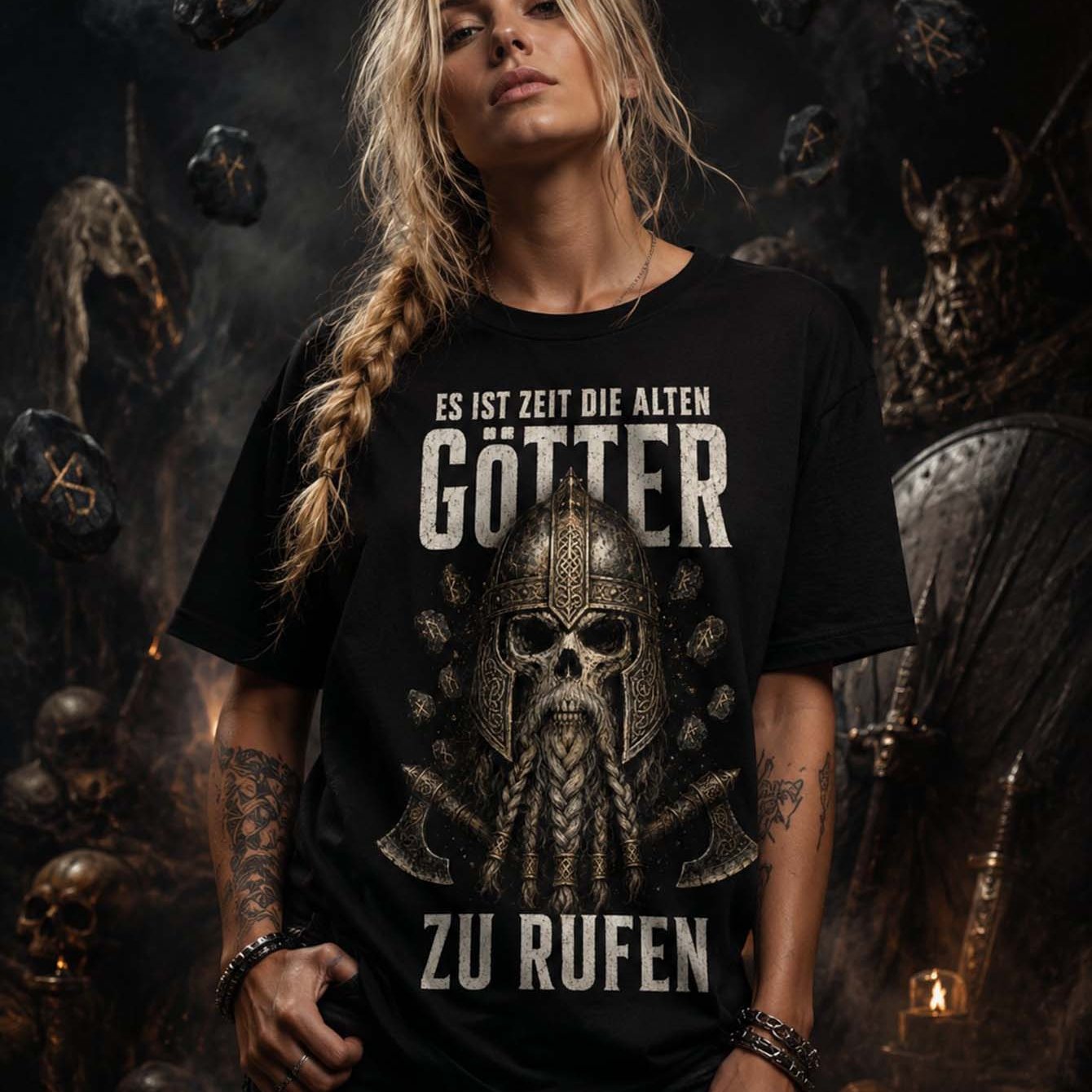 Image of Es Ist Zeit Die Alten Zu Rufen Viking Skull Graphic Neutral T Shirt Casual Short Sleeve Black Oversized Tee Daily Wear Season Tee