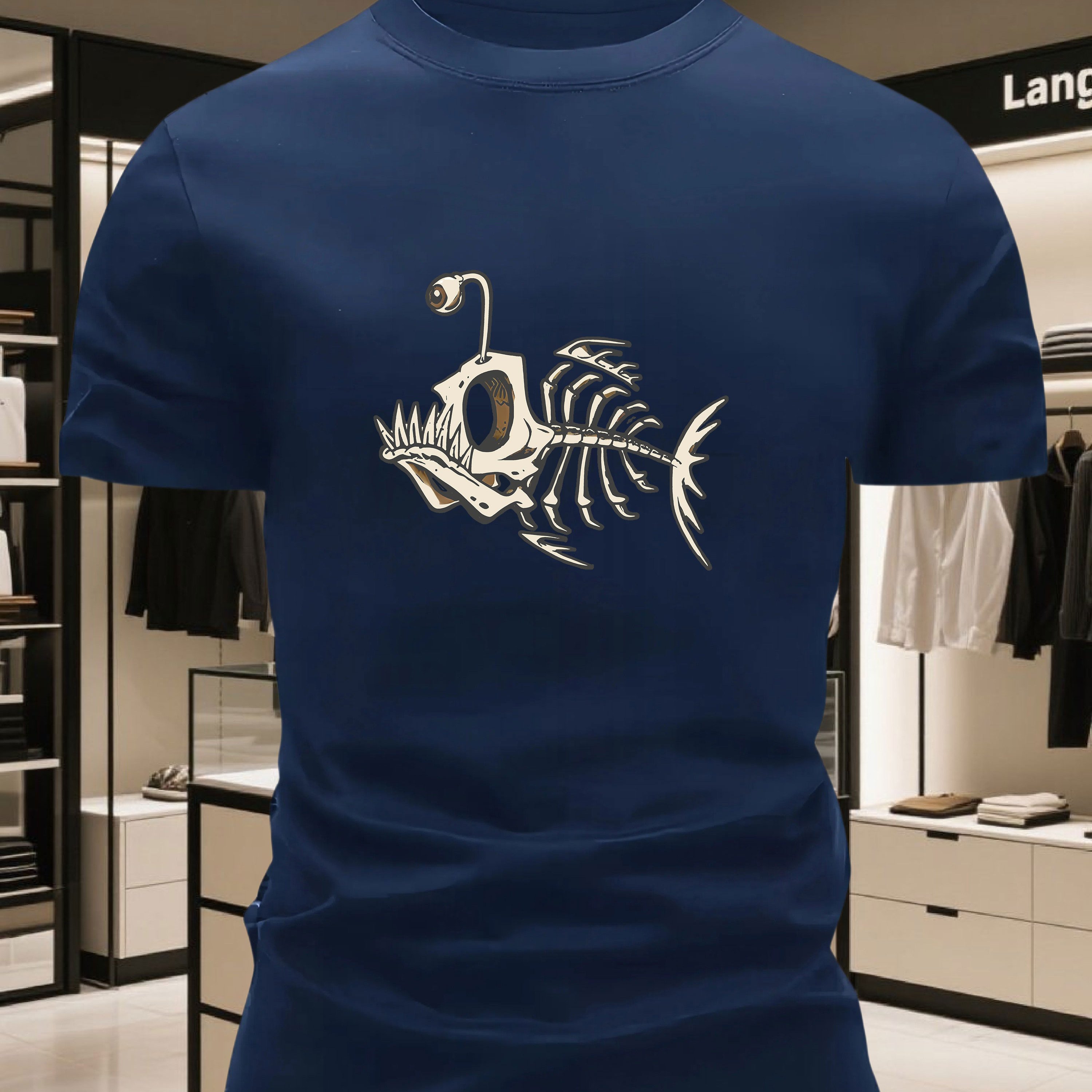 Image of 100% Cotton Men's Round Neck Cotton Short Sleeved Fashion Bizarre Fish Shaped Shadow Printing T-shirt, Casual And Comfortable Top