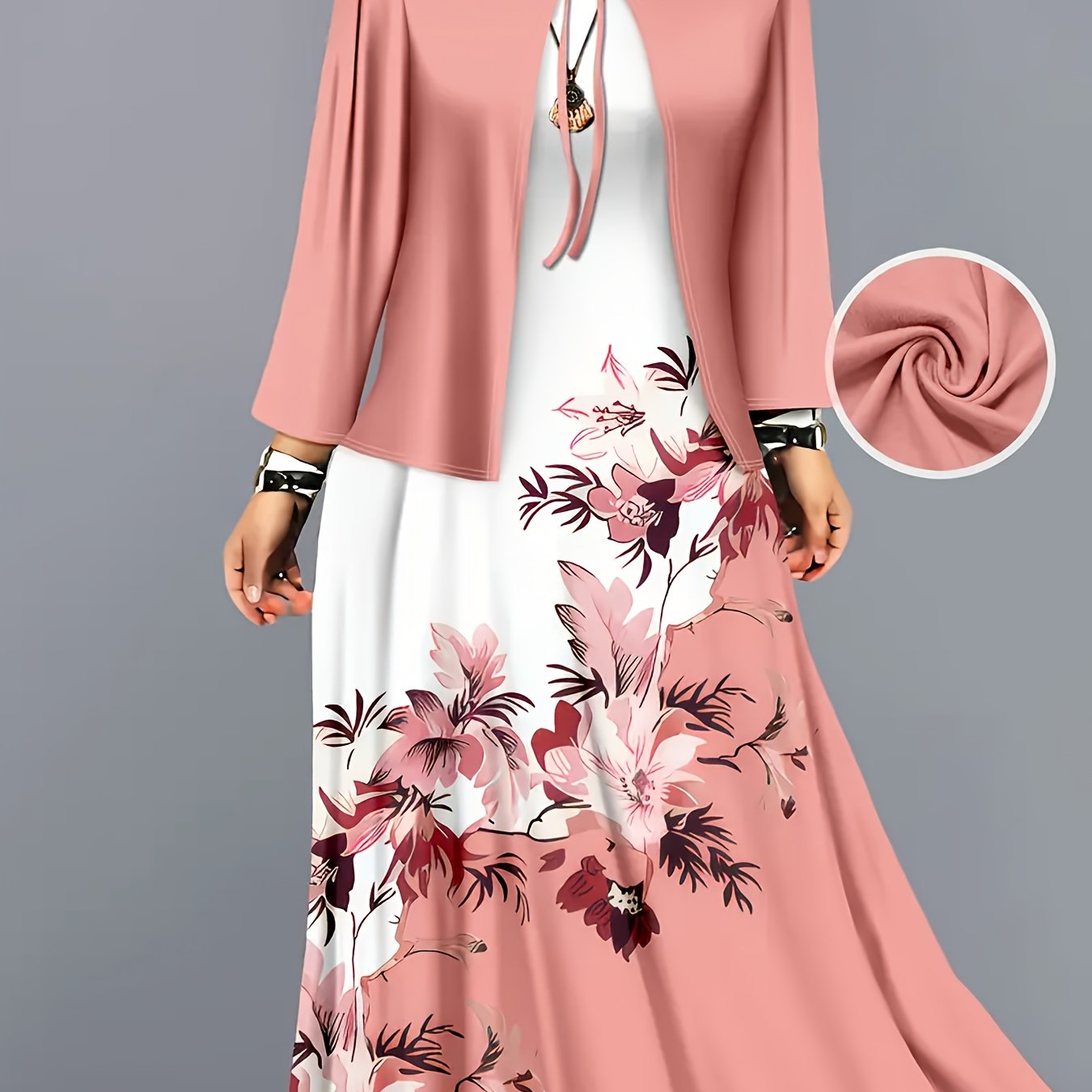 TEMU Conjunto de vestido elegante, conjunto de vestido largo maxi con chaleco y chaqueta de abrigo de vacaciones a con estampado floral, conjunto