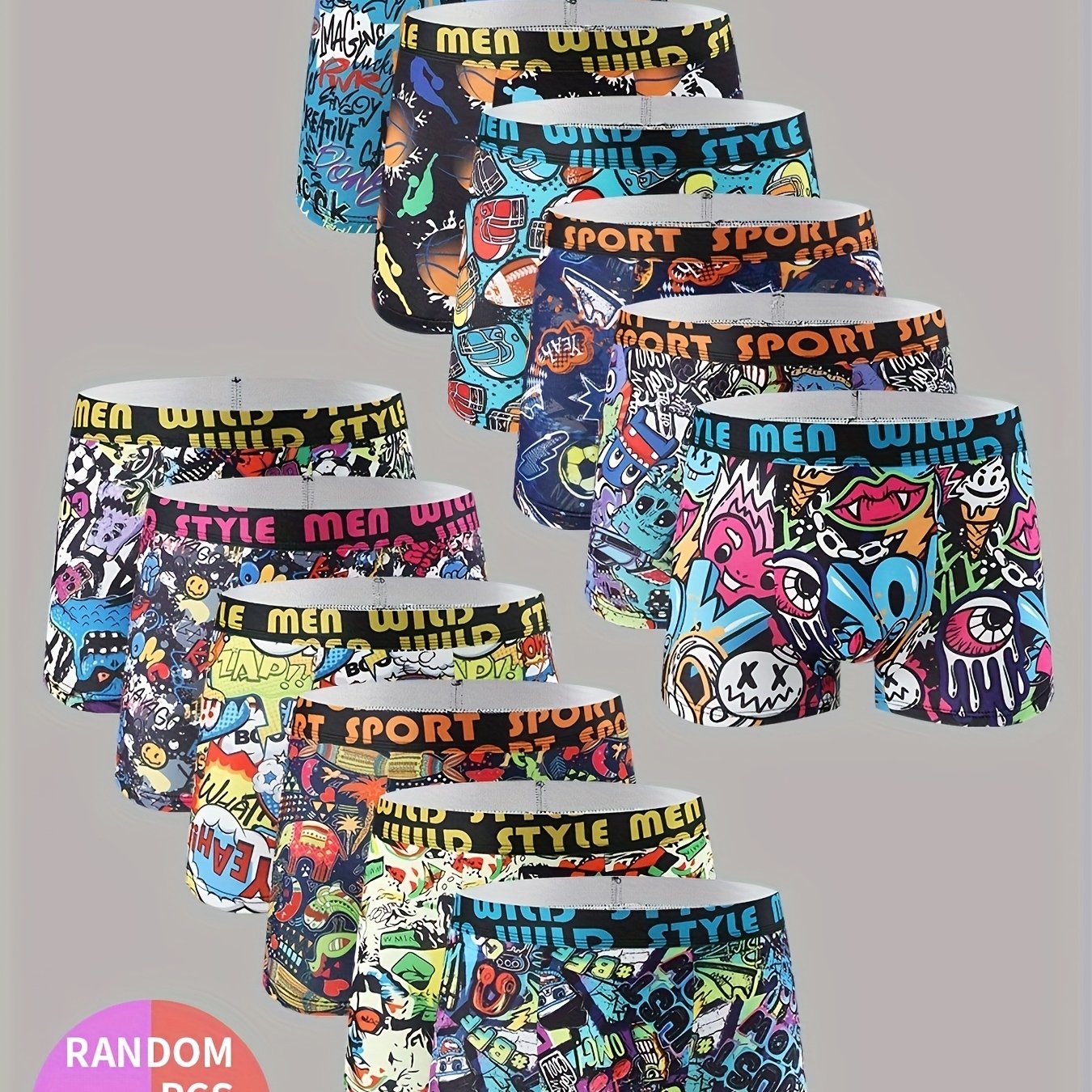 10pcs Random Boxer Briefs - Colorful Graffiti And , Elastic, Underwear With Elastic Waistband
