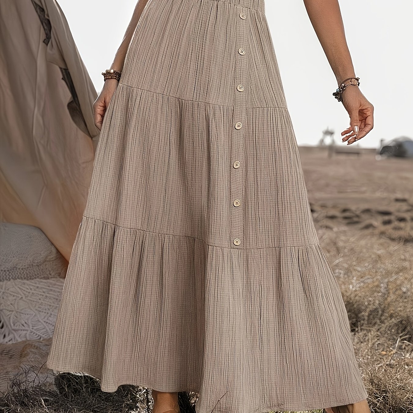 TEMU Textured Button Decor Elastic Waist Long Midi Skirt, Women's Elegant Vacation Casual Skirt For Country Music Festival