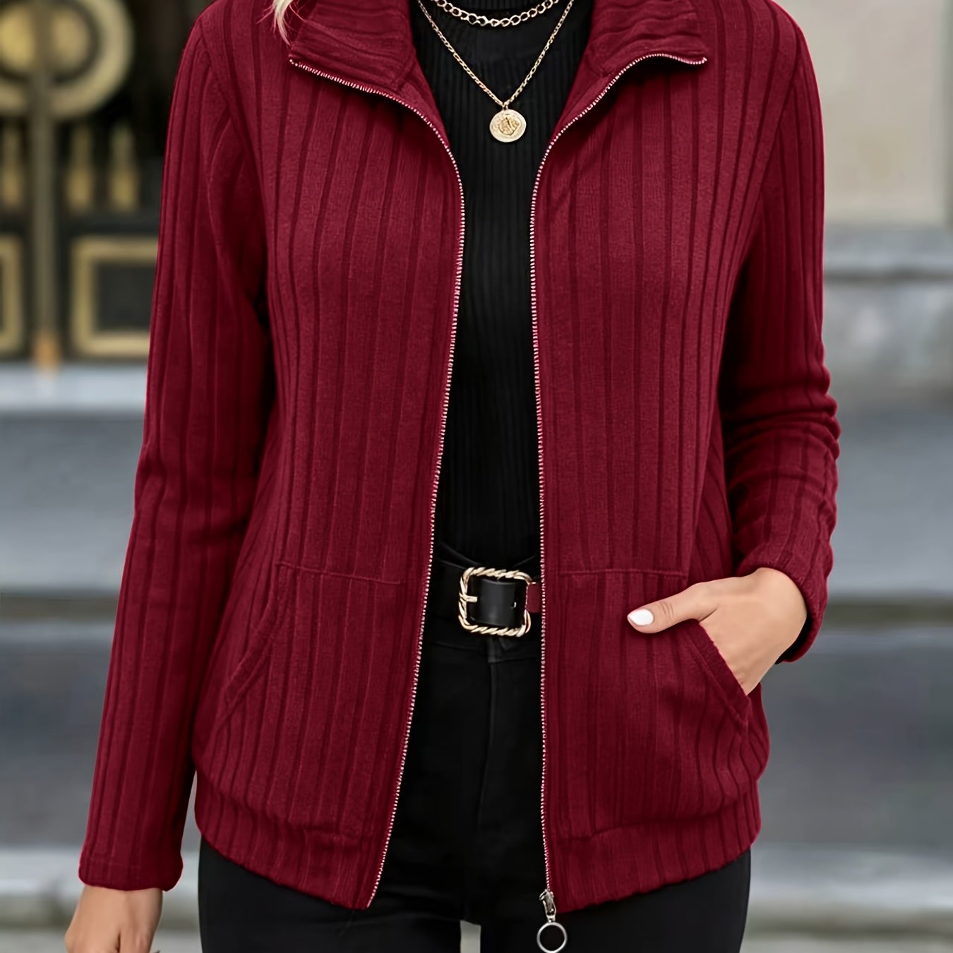 TEMU Fashionable Elegant Autumn Winter New Product Beautiful Jacket Solid Color Ribbed Lightweight Jacket Zipper Lapel Pocket Long Sleeve Front