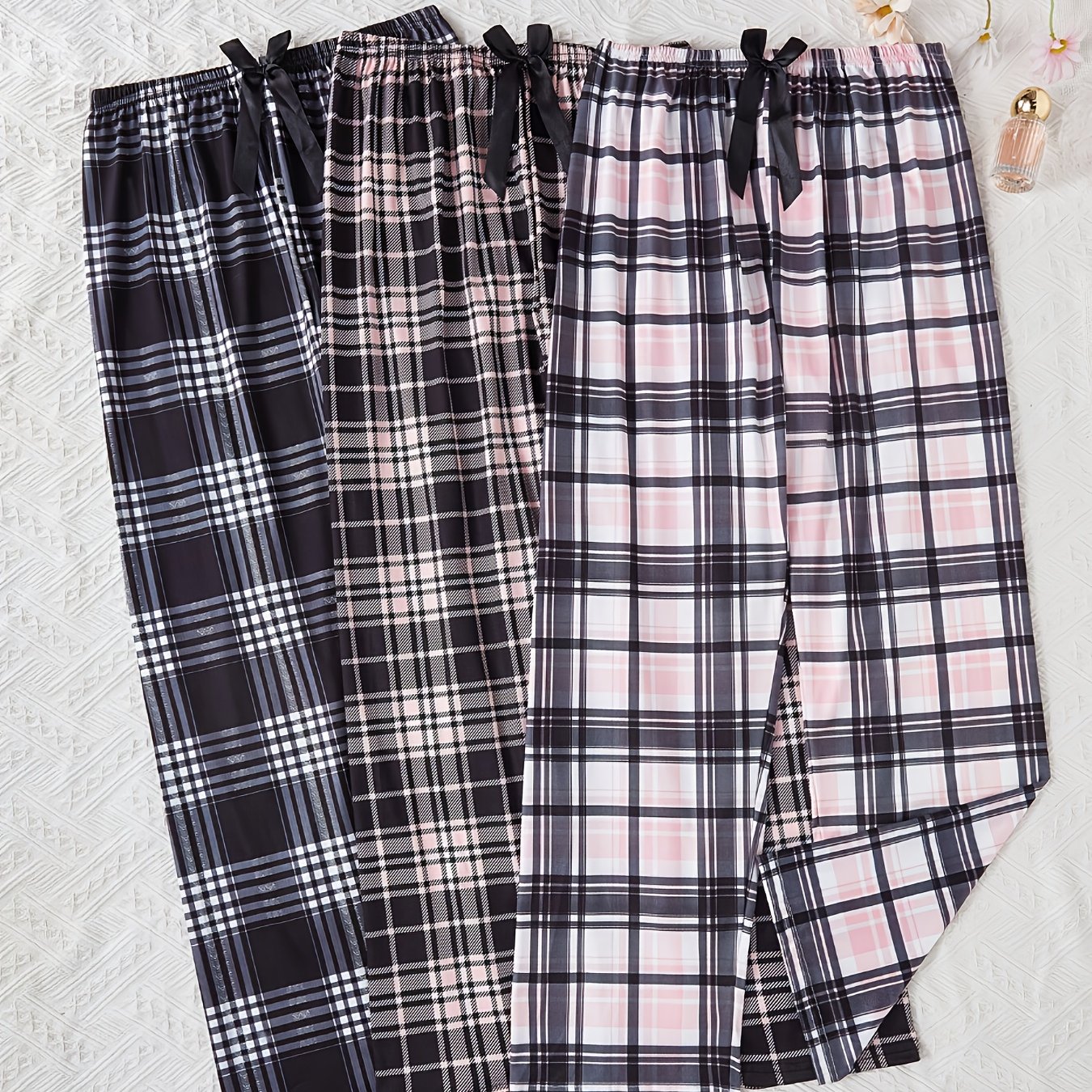 TEMU Three-pack Women's Loungewear Pants - New Casual Loose-fit Elastic Waist Plaid Print Long Pants, Wearable As Outerwear, 3pcs Set