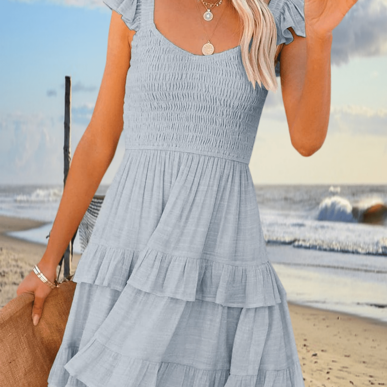 Image of Women Summer Dresses Casual Boho Smocked Ruffle Sun Beach Babydoll Mini Dress Layered Flowy Swing Dress