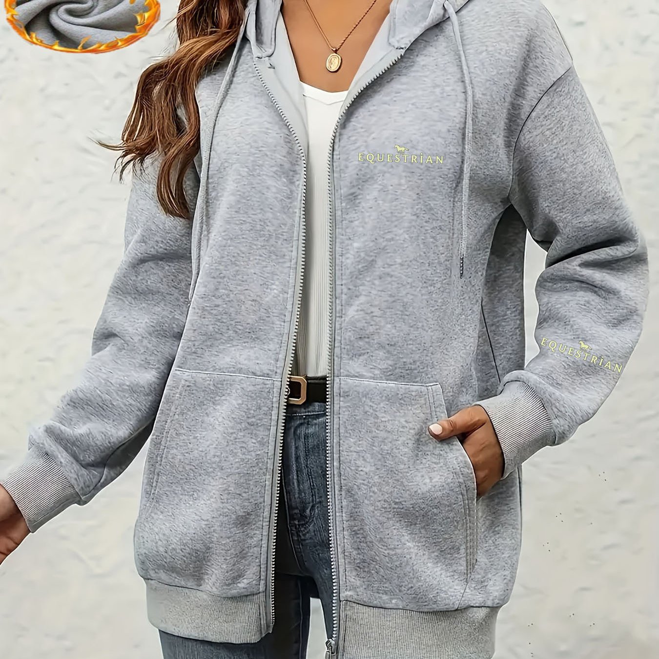 TEMU Women's Casual Zip-up Hoodie With Letter Print, Machine Washable Lining, Warm Autumn/winter Sweatshirt, Cute Design, Comfortable Wear