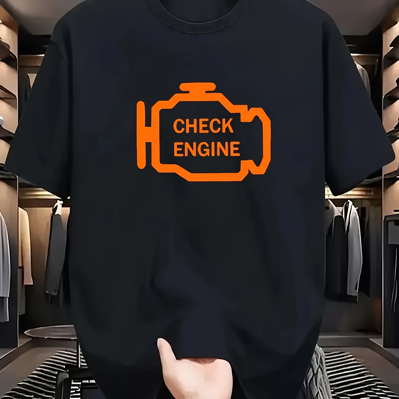 TEMU Men's Casual Graphic T-shirt - Check Engine Print, Breathable Polyester, Loose Fit, Short Sleeve, Crew Neck, Machine Washable, Summer Streetwear