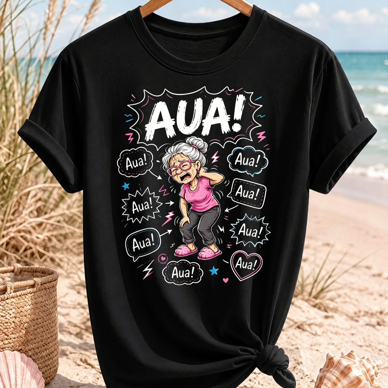 Funny Speech Bubble T-shirt With Cartoon Older Woman In Pink Repeated Pain Words And Colorful Comic Style Unisex All T-shirt