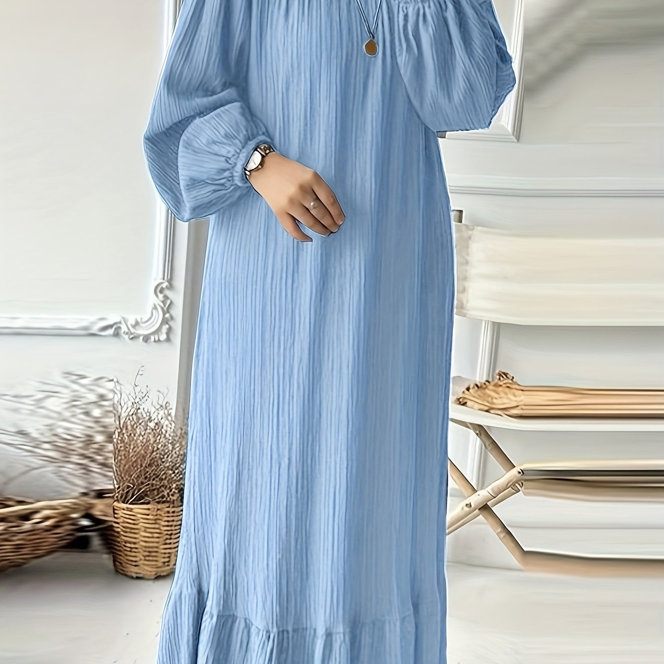 Solid Lantern Sleeve Round Neck Hem Loose Robe Long Sleeve Dress