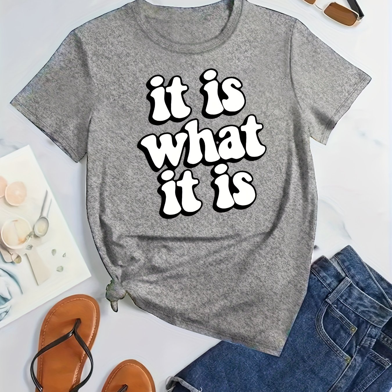 TEMU Plus Size, Plus Size Casual Fashion Printed T-shirt For Women, Lettering, Trendy, Cute, Base Layer, Daily Wear