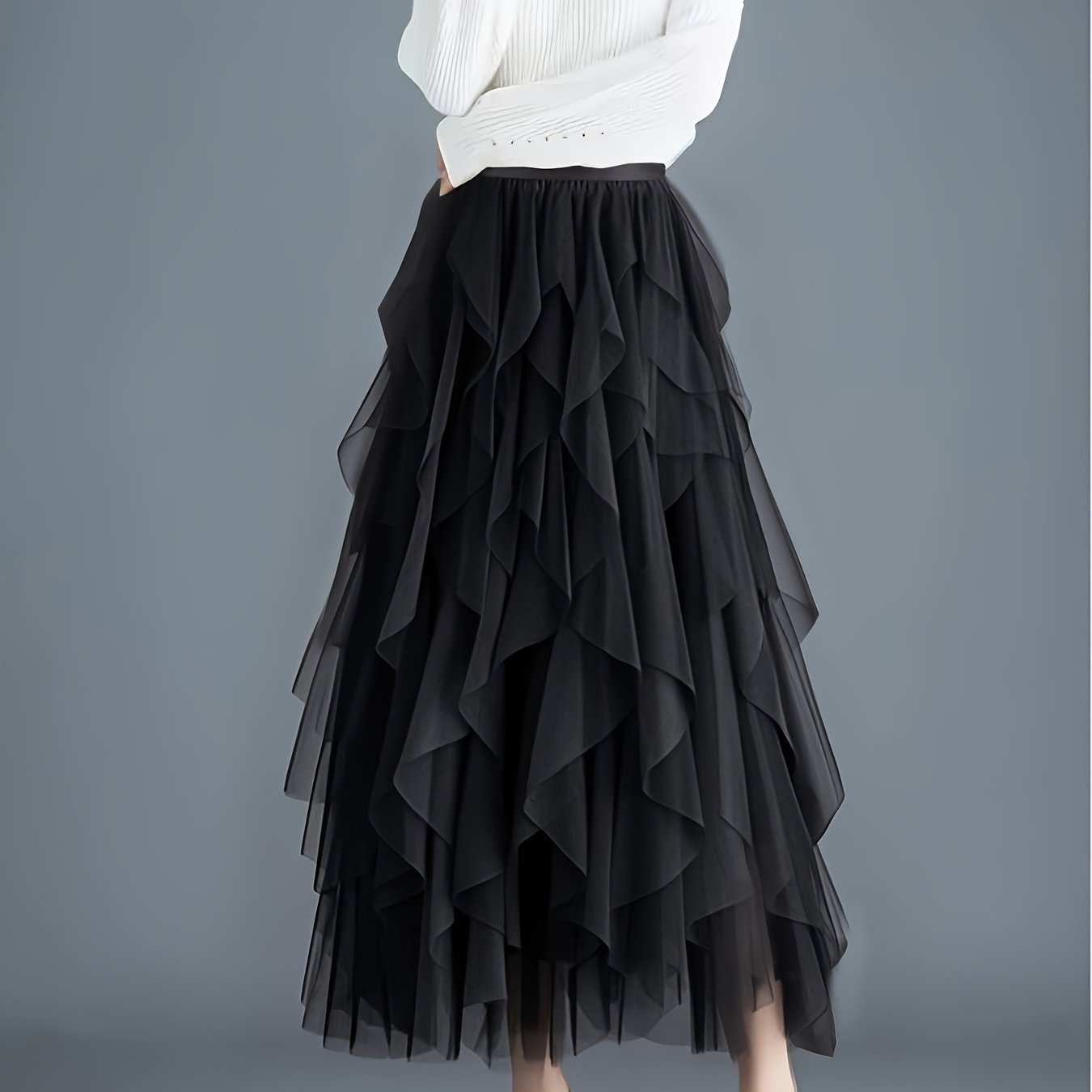 TEMU Asymmetric Textured Mesh Tulle Skirt, Irregular Midi-length Mesh Skirt, Cake Skirt